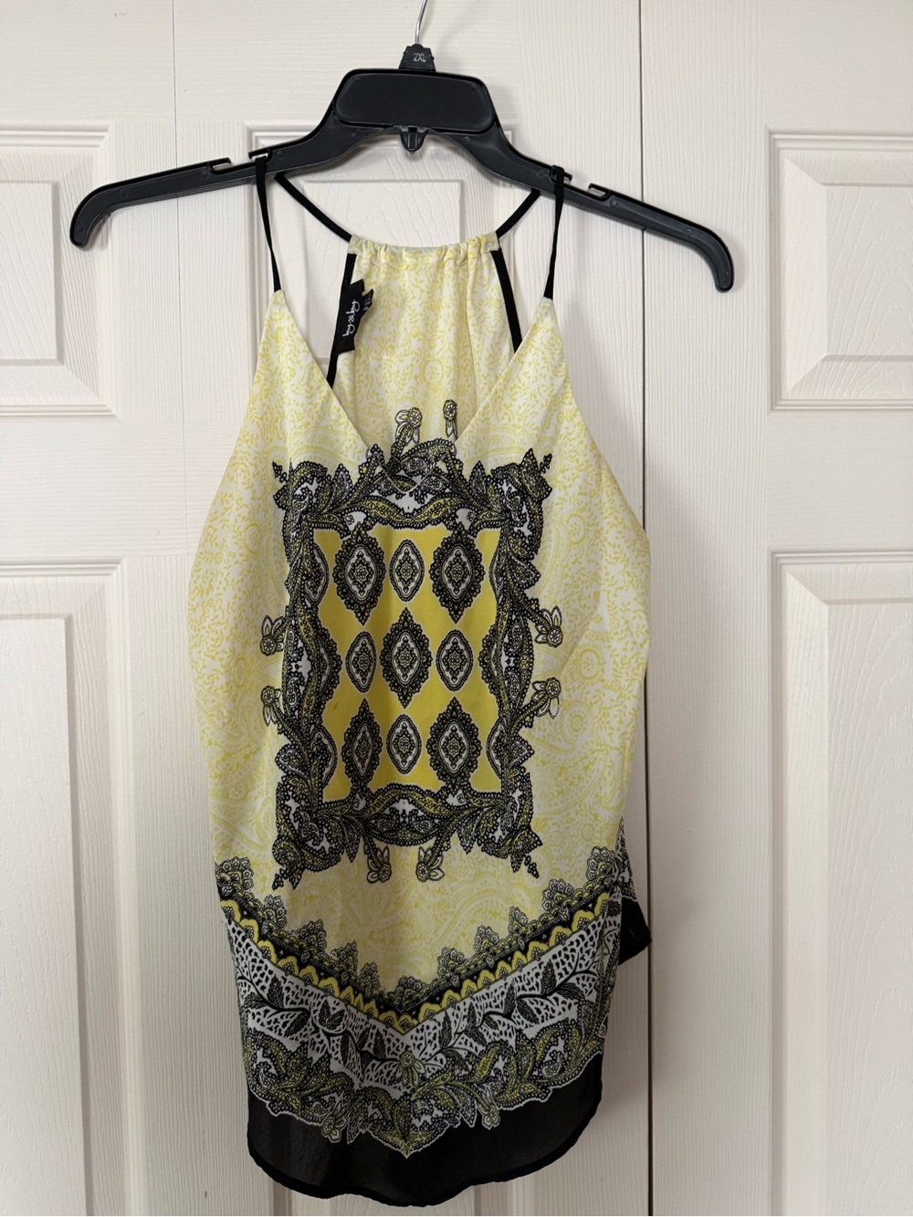 by & by Yellow Paisley-Print Halter Camisole with Black Trim